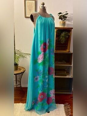 VTG 100% Silk Long Maxi Dress Caroline Charles London Sheer Floral Overlay